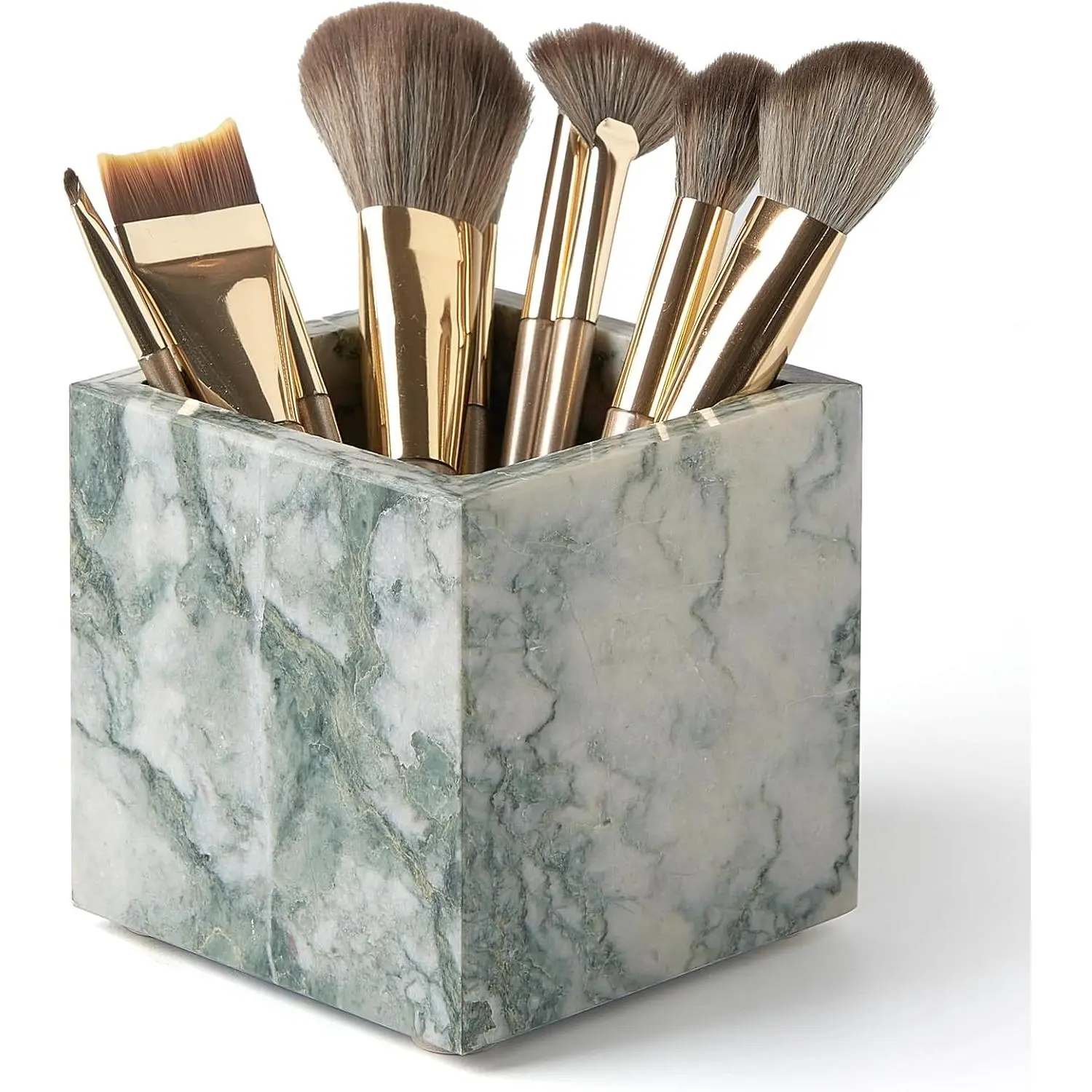 Real Luxurious Natural Marble Toothbrush Holder & Makeup Brush Organizer| Pen Holder for Desk,3.93inch Square Marble Utensil Holder Non-Ceramic/Non-Resin (Cyan Green)