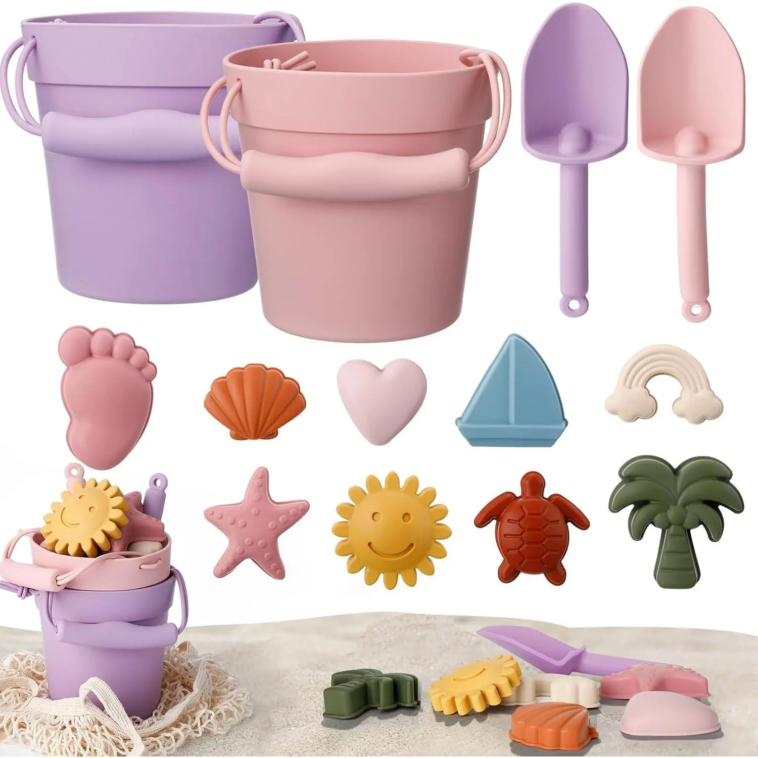 14 Pcs Silicone Beach Toys Travel Beach Set Sand Toys Include 2 Silicone Bucket Pail, 2 Shovel, 9 Sand Molds, 1 Beach Bag for Boys Girls Summer Pool Outdoor Bath Toys (Pink, Purple)
