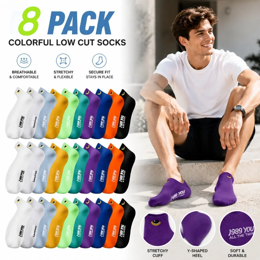 8 Pairs Men's Low Cut Ankle Socks, Casual Plain Style Mix with Elastic Y-Heel for All Seasons Comfort, Workout & Everyday Wear, 8 Pairs Mix, Low Cut Socks, Machine Wash Cold, Menswear, Y-Shaped Heel, Athletic, Cold Wash