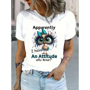 Women's "Attitude" Rooster Graphic T-Shirt, Casual Short Sleeve Crew Neck Top in 100% Cotton with Sassy Slogan, Fabric