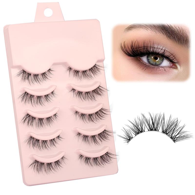 Lightweight Cat Eye Flare Lashes, 5 Pairs Transparent Stem Wispy Natural Curling Eye Makeup Strip Lashes, Volumized False Eyelashes
