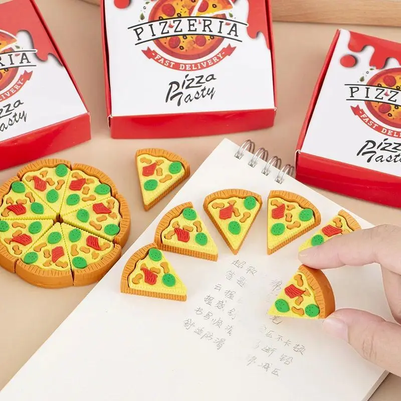 7pcs/set Festive Pizza Eraser Set Realistic Slice Toy Student Christmas Prize Box with Simulation Food Pencil Stationery Eraser