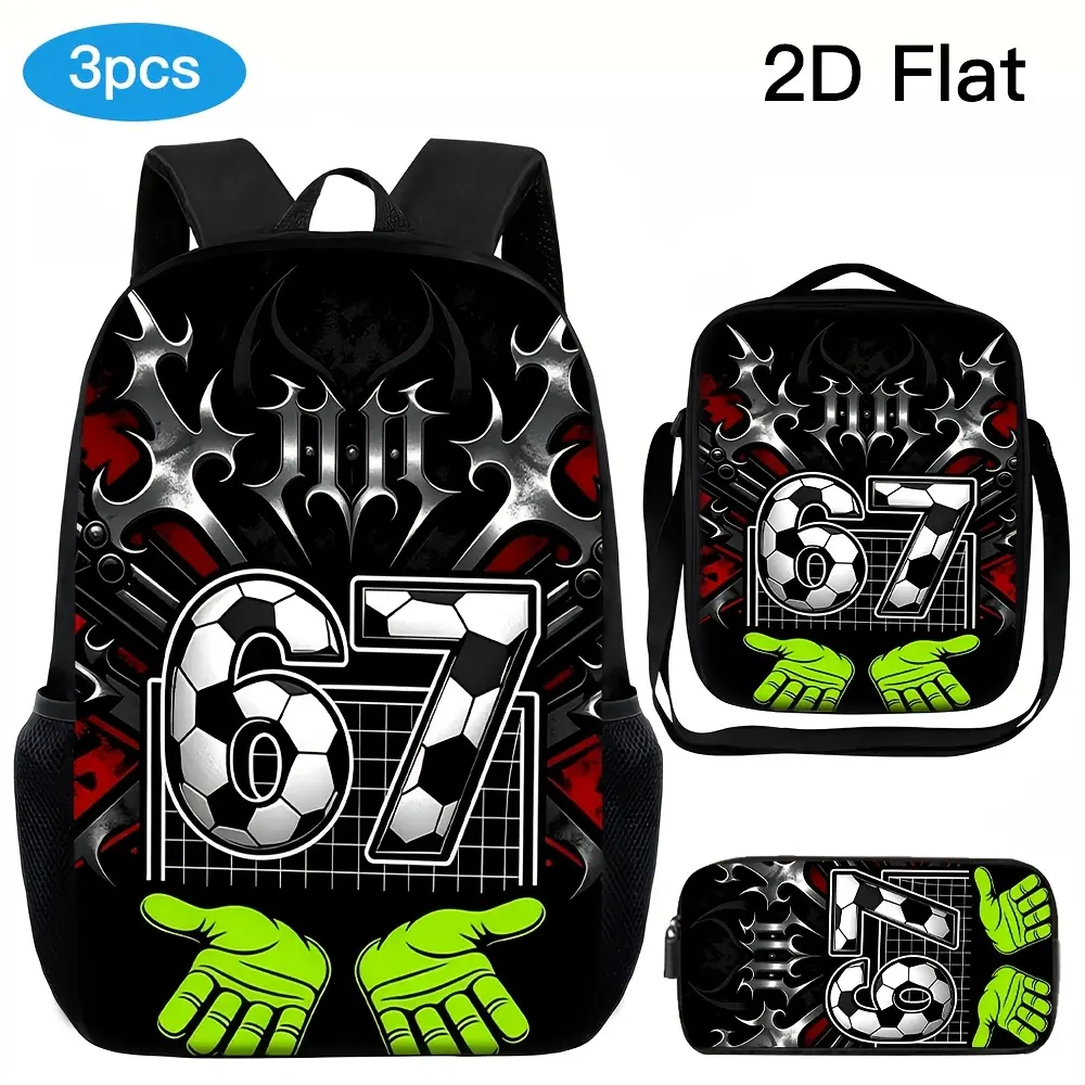 Kids' 3-Piece Backpack Set, Gothic Edgy Waterproof Oxford Cloth School Bag with Spiky Soccer Ball Print, Includes Lunch Box, Pencil Case & Adjustable Straps, Number 67, School Use, Back To School, Streetwear