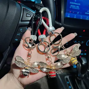 Cute Bee Bag Charm Keychain, Fashion Glitter Accessory with Rhinestones and Enamel, Durable Braided Rope for Car Keys & Purses