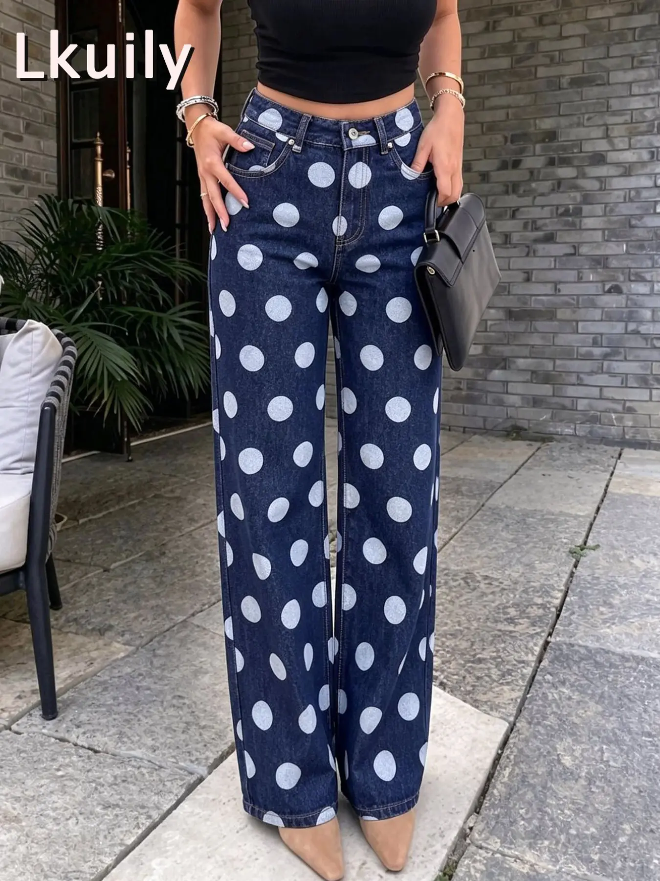 Lkuily Polka Dot High Waist Wide Leg Jeans Retro Dark Indigo Print Soft Stretch Denim Pants Tummy Control Hide Hips Casual Daily Office Bottoms