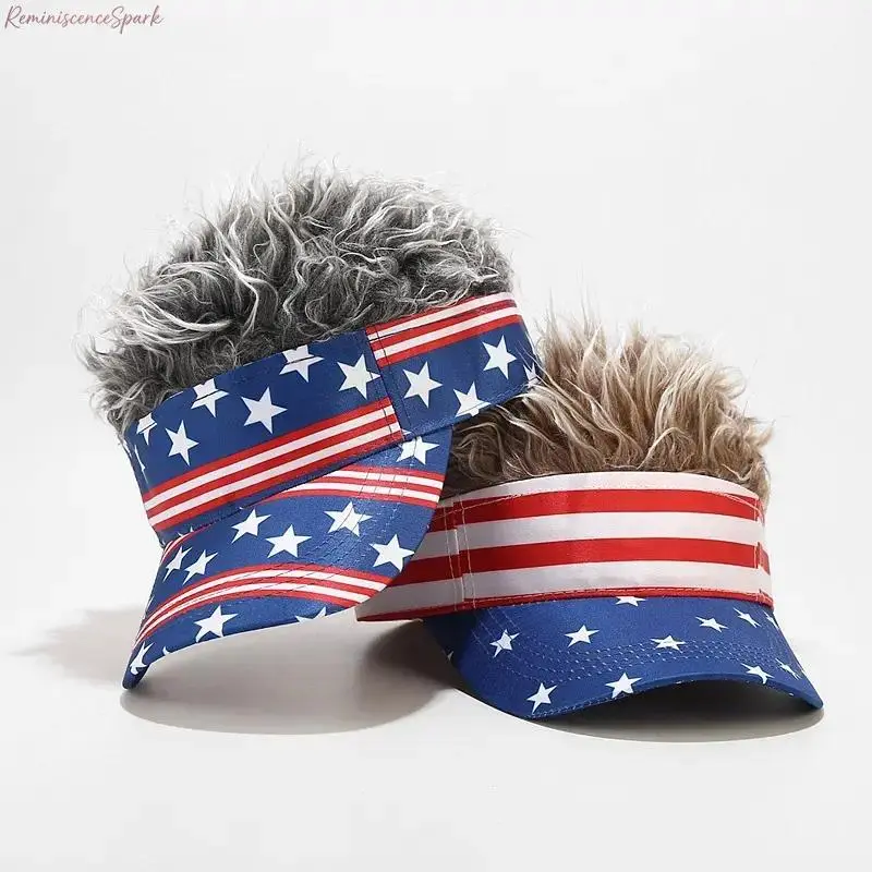 Unisex Polyester Spiky Wig Top Sun Visor - Breathable Open-Top, Adjustable Flag Print Novelty Hat with Funny Vibe, All Seasons Gag Gift for Dad, Ideal for Cosplay Parties & Summer Outdoor Outfits