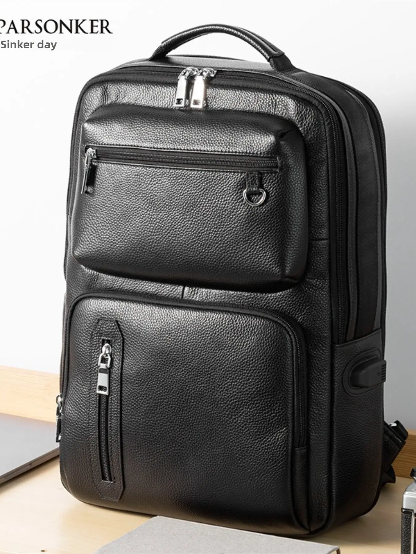 Men's genuine leather backpack, new first-layer cowhide large-capacity load-reducing backpack, lychee pattern 15.6-inch computer backpack