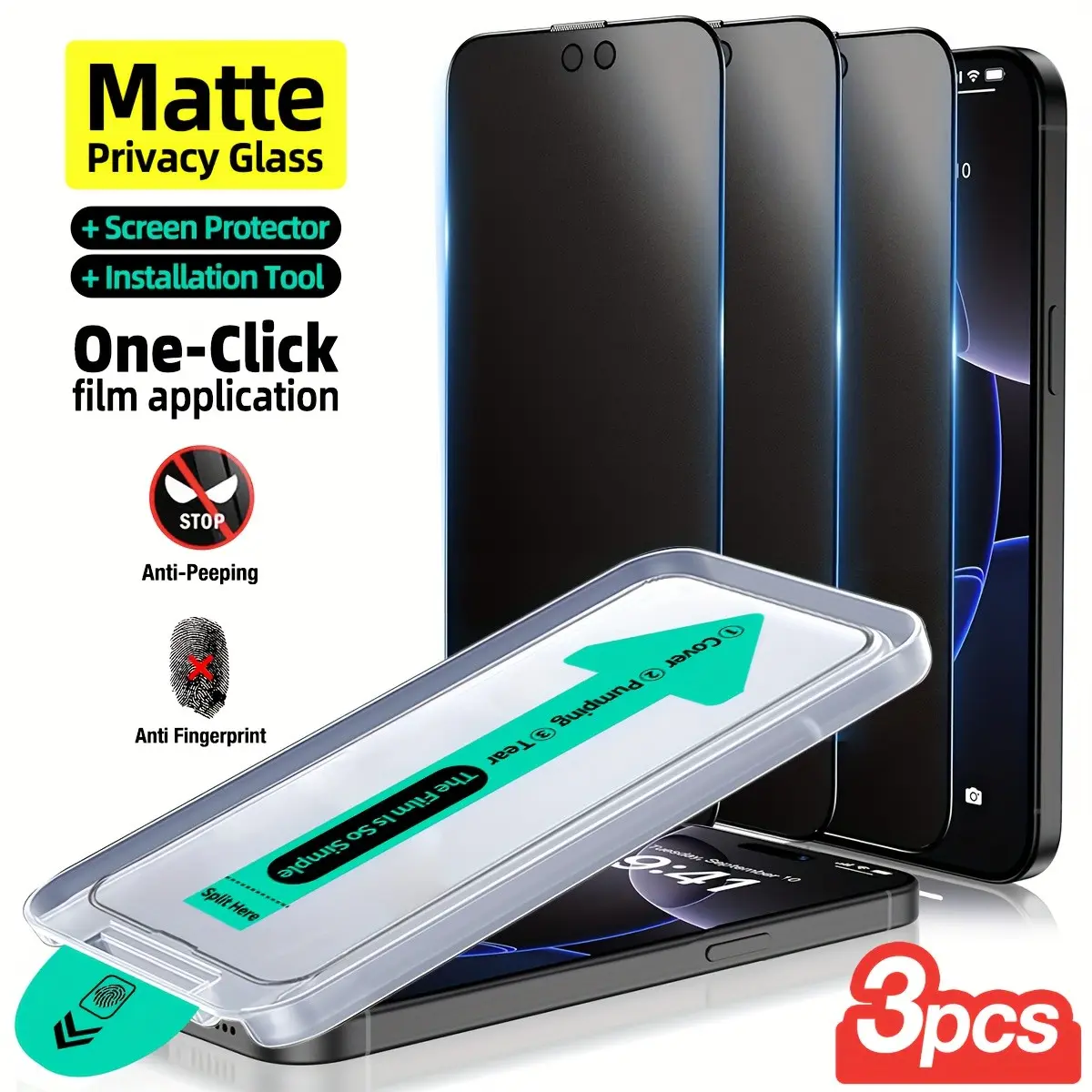 Lazy Auto Film Box, Installation, Gaming Matte Anti-Spy Phone Screen Protector, Finger Print Resistant, Bubble Free, Full Screen Tempered Glass, 3 Pcs Set