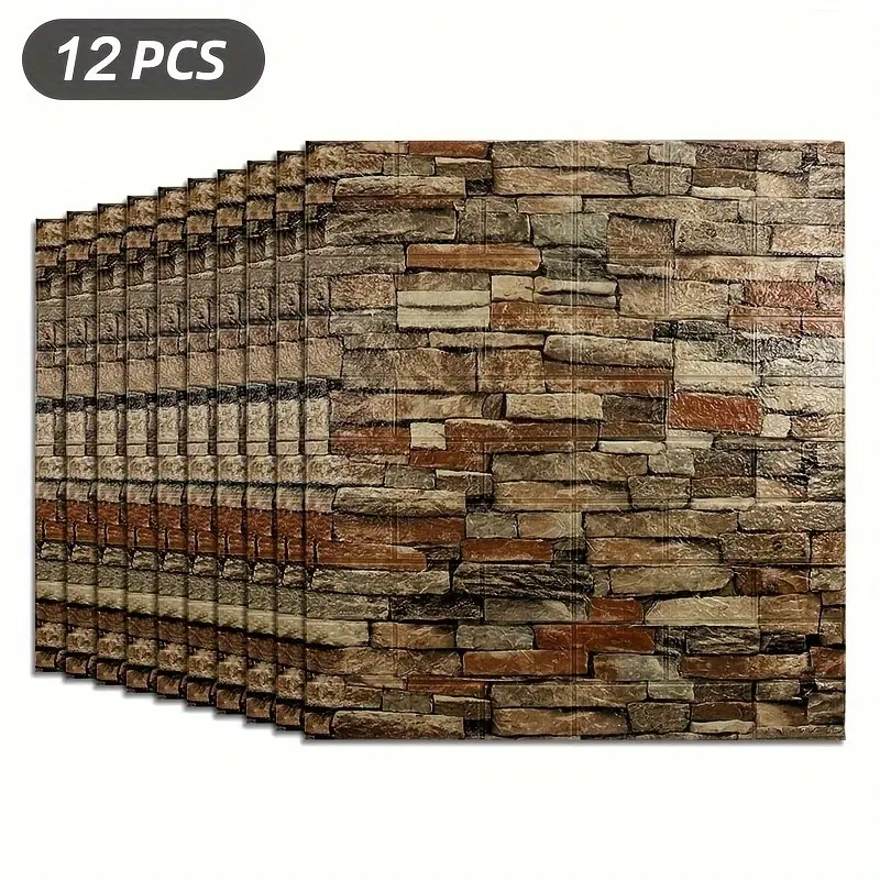 12pcs 3D Wall Stickers Wallpaper Foam Soft Tiles, Bedroom Imitation Brick Wallpaper Decoration, Living Room Kitchen TV Background Wall Self-Adhesive Wallpaper