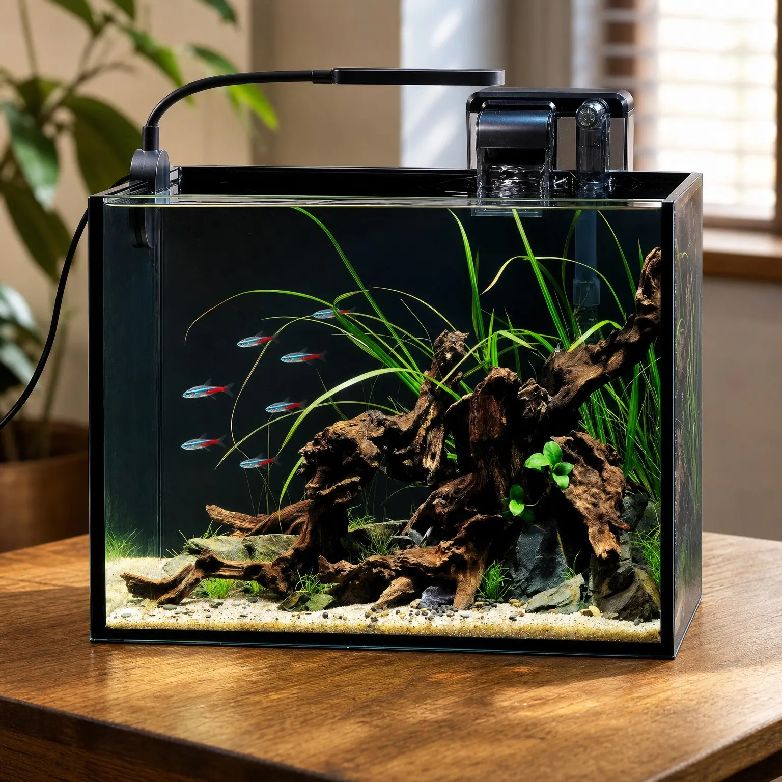 2.5 Gallon Nano Nature Aquarium Kit, Ultra-Clear Rimless Desktop Fish Tank with Light and Filter, Perfect for Small Fish, Shrimp, or Betta, Basic Version, Black