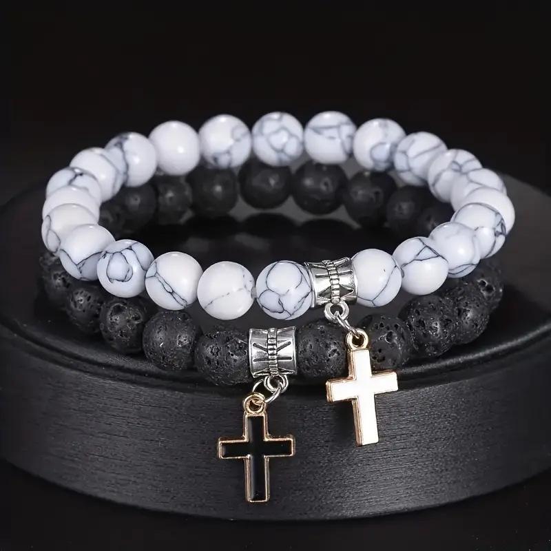 Agate Volcanic Stone Cross Pendant Bracelet, High-End Couple Bracelet, Perfect Gift for Christmas & Thanksgiving, Religious Jewelry Gift Agate Volcanic Stone Cross Pendant Bracelet, High-End Couple Bracelet, Perfect Gift for Christmas & Thanksgiving, Religious Jewelry Gift