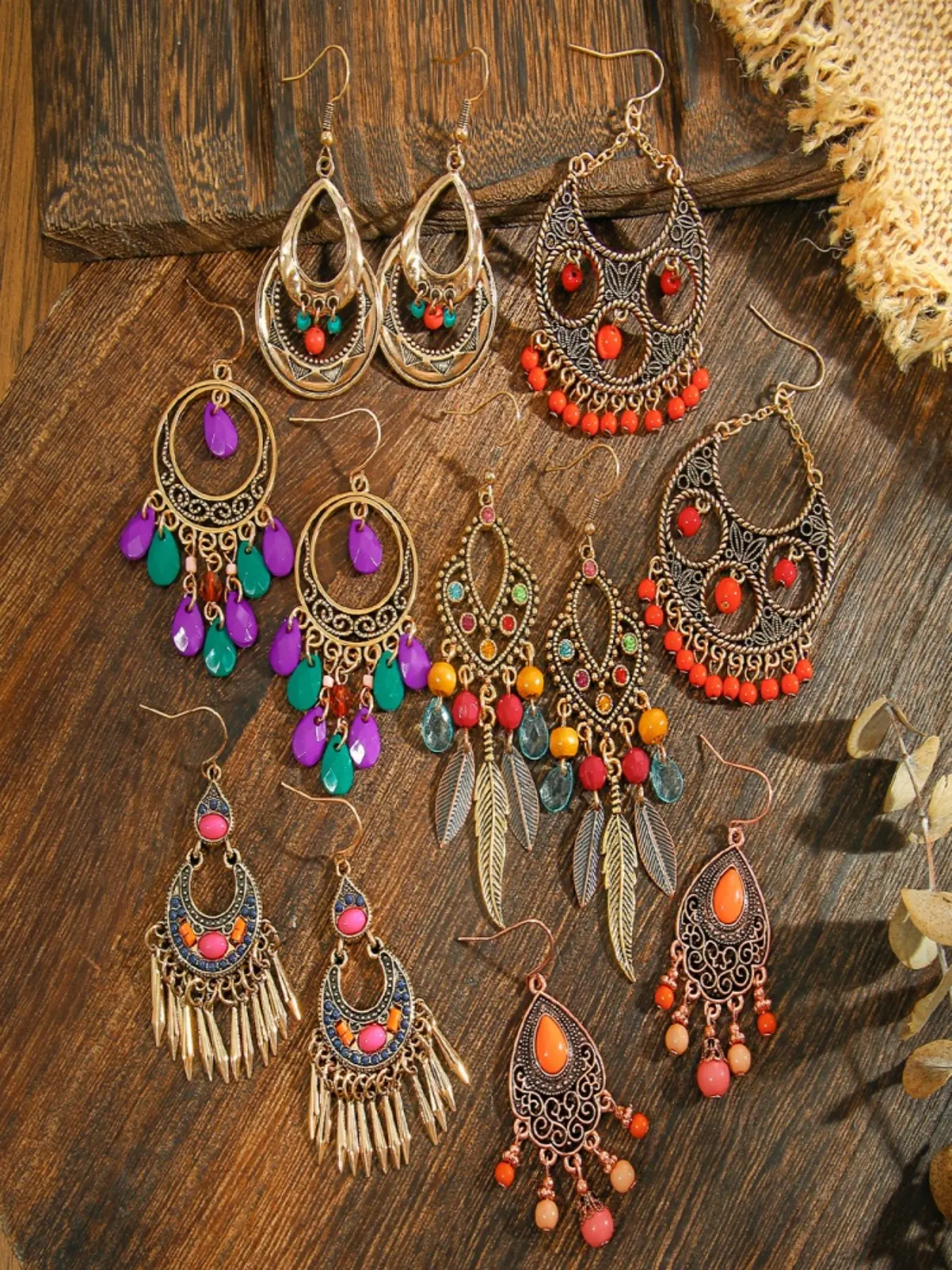 6 Pairs Bohemian Earrings Set, Vintage Hollow Metal Dangle Earrings, Colorful Floral Design, Feather & Bead Details, Lightweight Comfortable