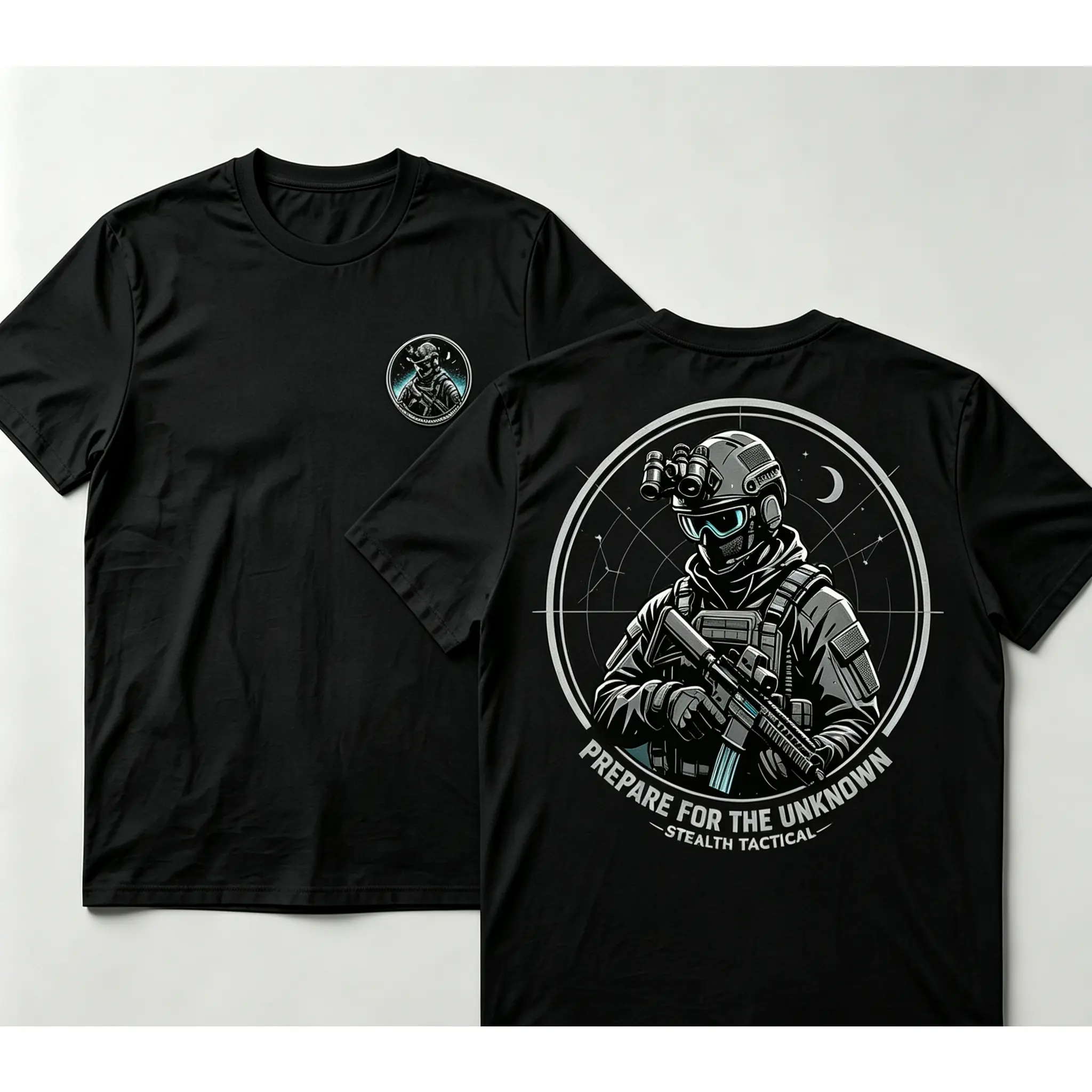 Tactical Special Forces Graphic T‑Shirt, Prepare For The Unknown Stealth Tactical Print Tee, Men Front Back Double Sided Print Short Sleeve Casual Streetwear shirt gift day