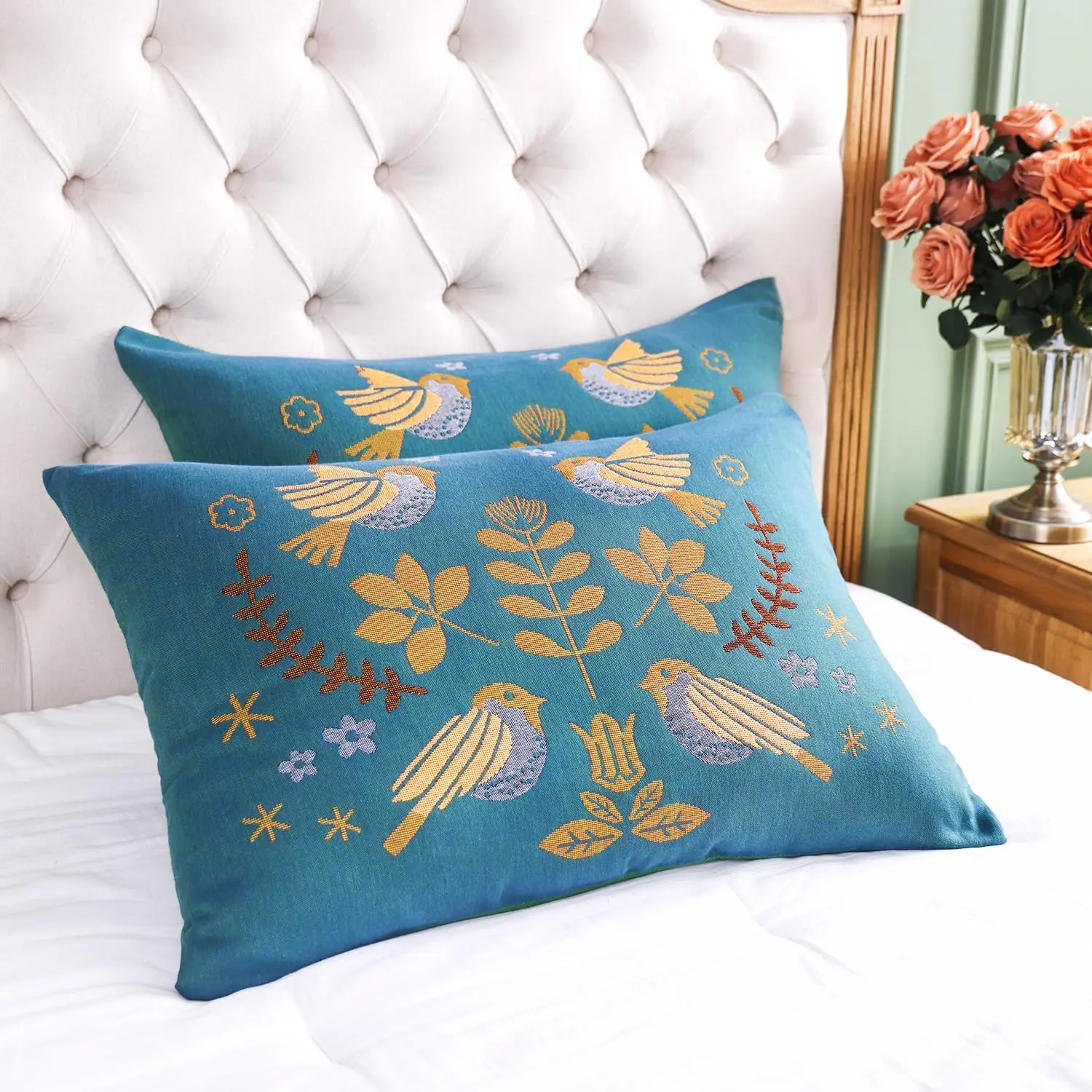 Washed   Boho Pillowcases for -Friendly Set of 2-1000 Thread Thick Count, Bird  Pillow Shams Cover, Soft Breathable Pillow Cases,20x36 Inches-Teal
