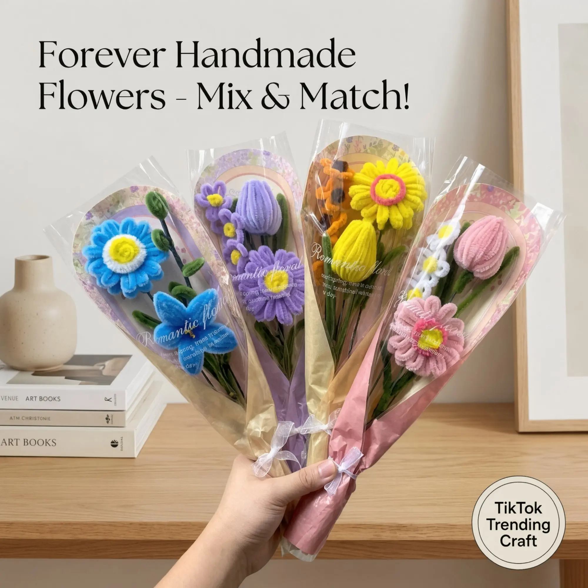 Already Made Handmade Decorative Tulip Lily Daisy Bouquet – Artificial Mixed Flower, Pipe Cleaner & Crochet Flowers, Preserved Fake Floral Gift for Mom Women, Valentine's Mother's Day Anniversary Graduation, Home Decor