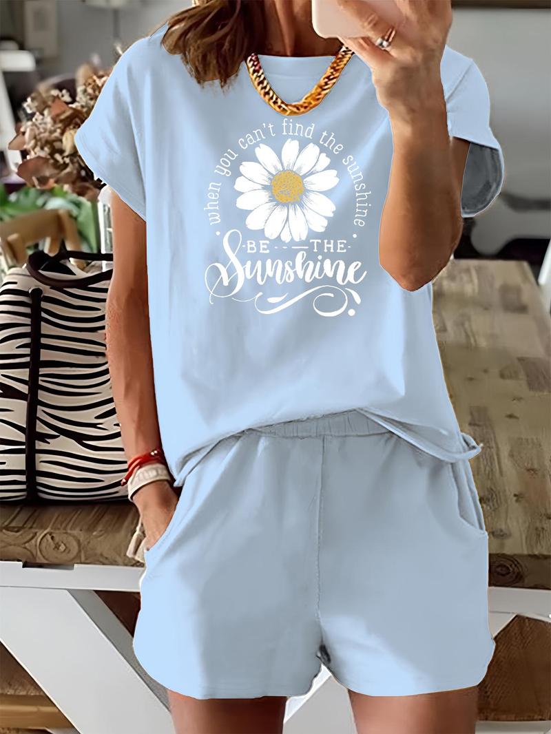 Women's Floral & Letter Print Two-piece Set, Casual Short Sleeve Tee & Elastic Waist Shorts Set, Ladies Summer Outfits for Daily Wear