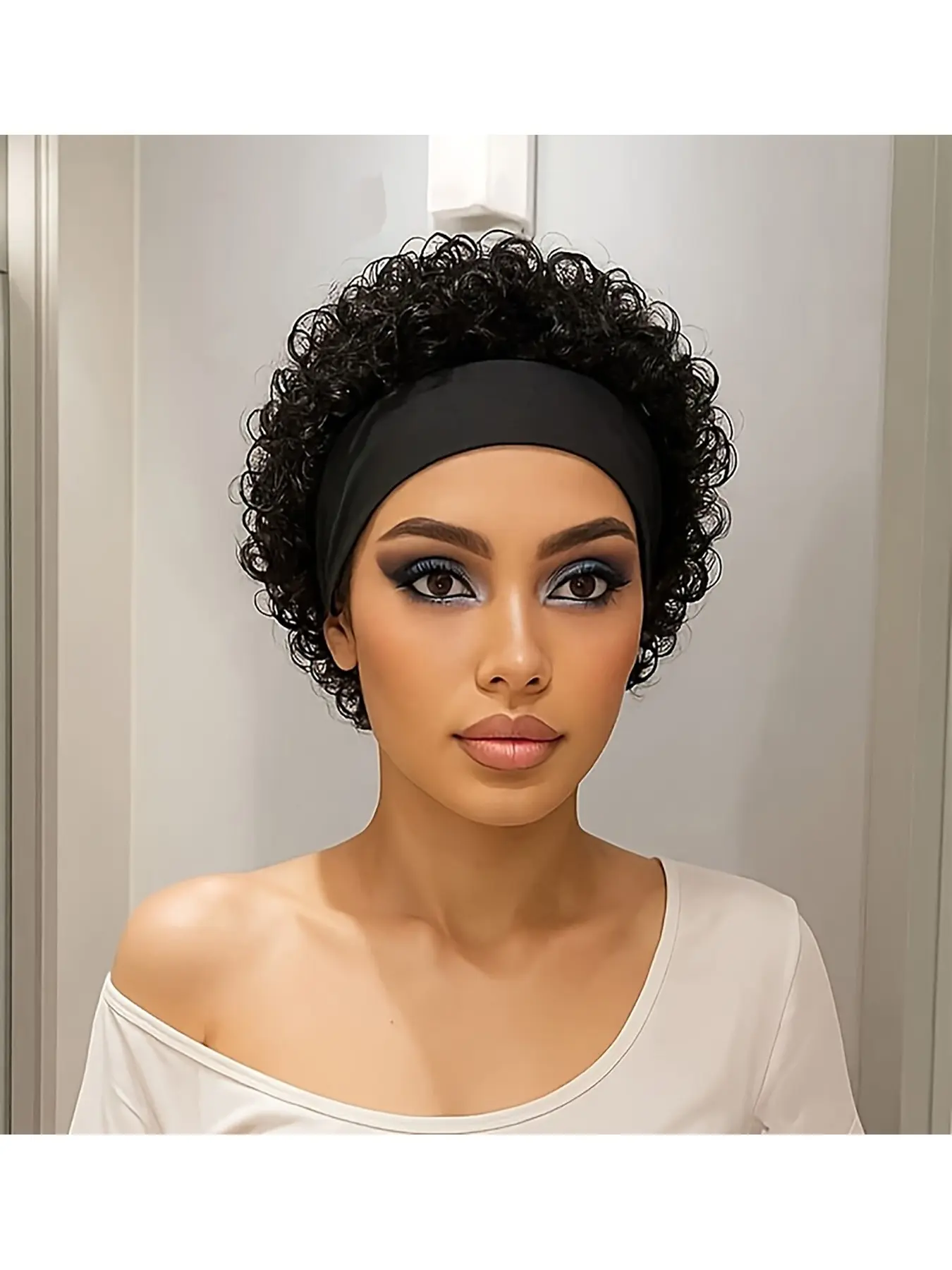 Headband Wig Human Hair For Woman Pixie Cut Wig Short Curly Human Hair Headband Wig 150% Density Black Color Beginners Friendly