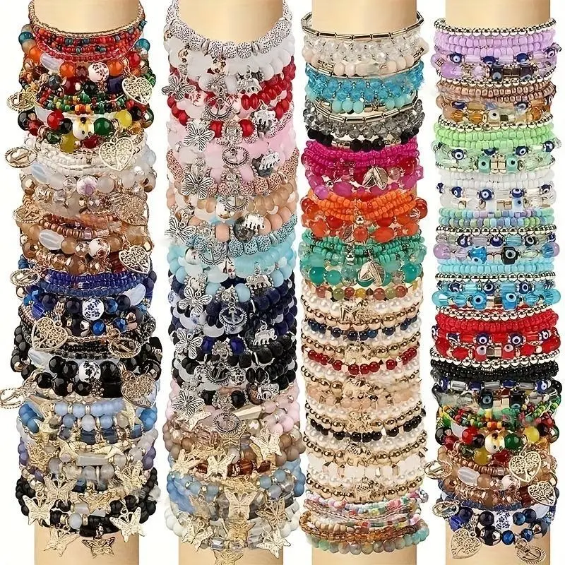 24/32/48/69pcs Bohemian Multicolor Glass Elastic Bracelet Set | With Heart Tree Butterfly Charm, Layering Bracelets Suitable for Casual Wear, Parties, Holiday Gifts, Anniversaries, All Seasons, For Teenager, Bangle Bracelet Set, Bracelet With Charms