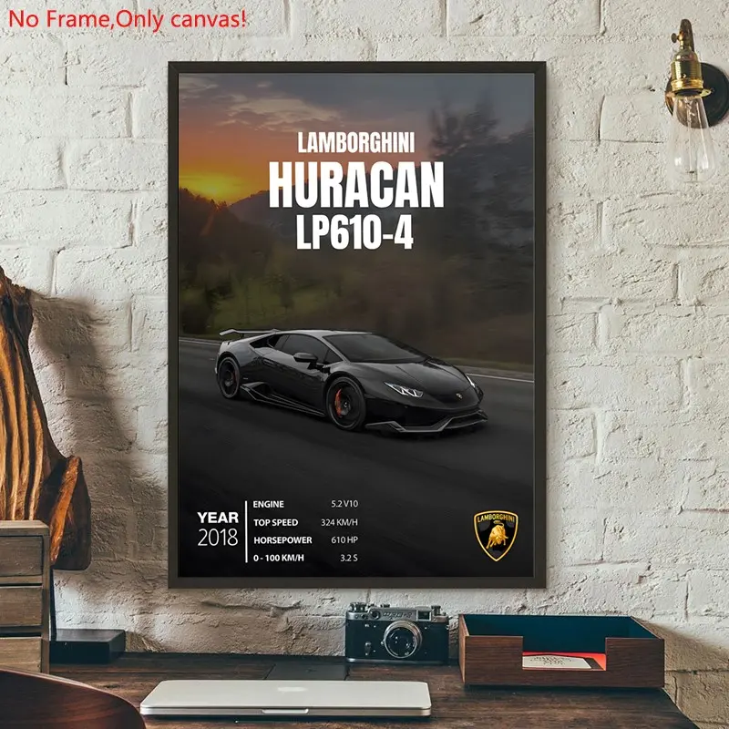 1 Piece/Set frameless canvas painting print poster,Luxury sports car art，HURACAN LP610-4 Super Sports Car 2018，a perfect gift for cars loves, ideal gift for bedroom, living room, dorm hallway, kitchen, mural, wall decoration, room decor