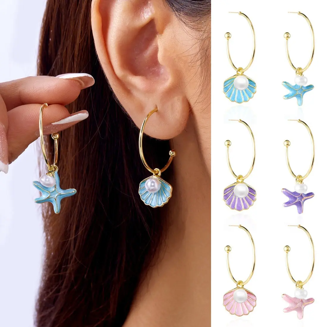 Ocean Style Pearl Starfish Shell Stud Earrings for Women, Niche Coastal Beach Jewelry, Elegant Summer Aesthetic Fashion Accessory, Lightweight Versatile Earrings for Vacation Travel Daily Wear Gift