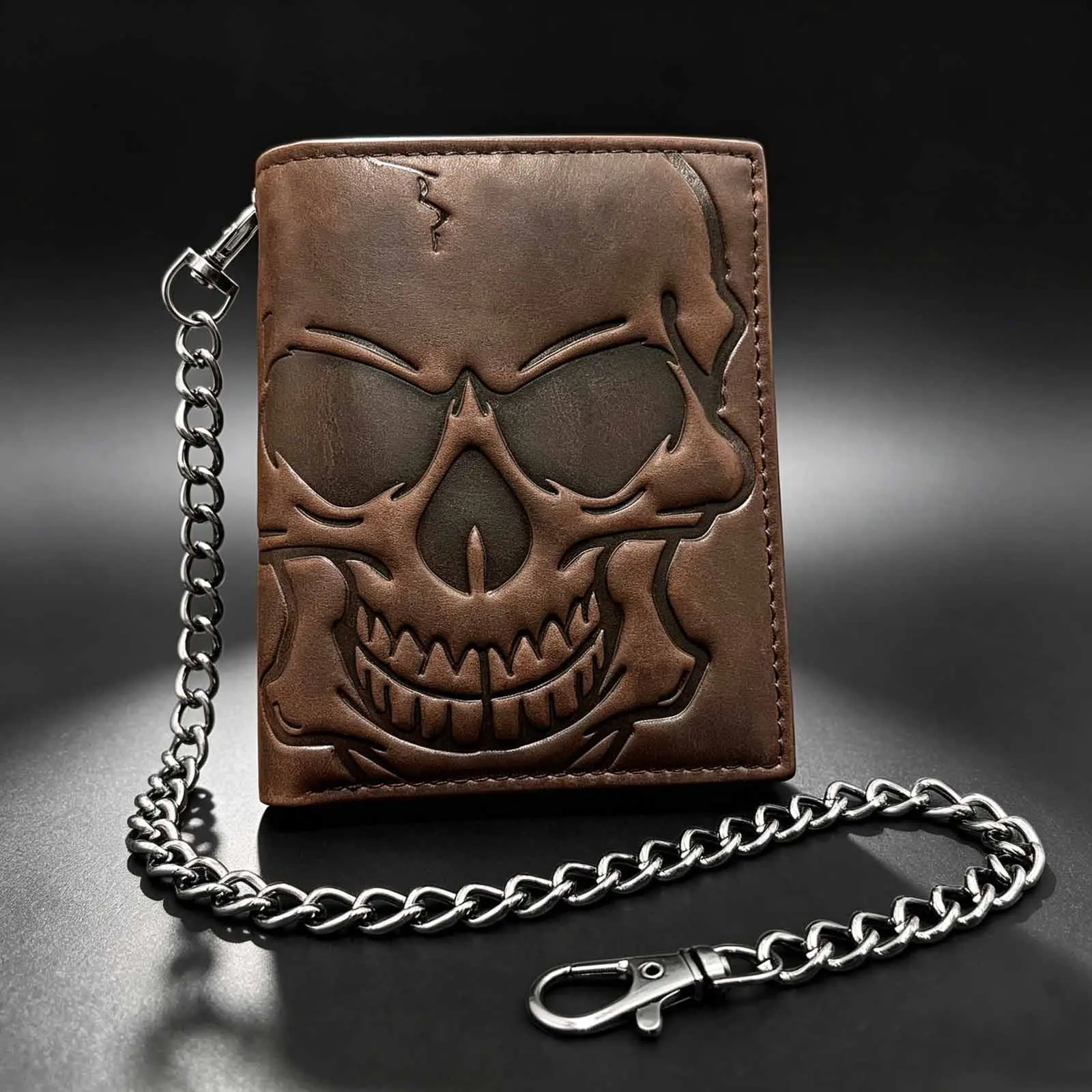 Biker Skull Leather Wallet For Men With Chain Bifold Card Holder Pocket Slim