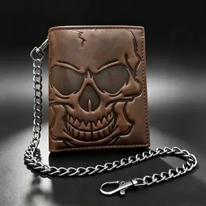 Biker Skull Leather Wallet For Men With Chain Bifold Card Holder Pocket Slim