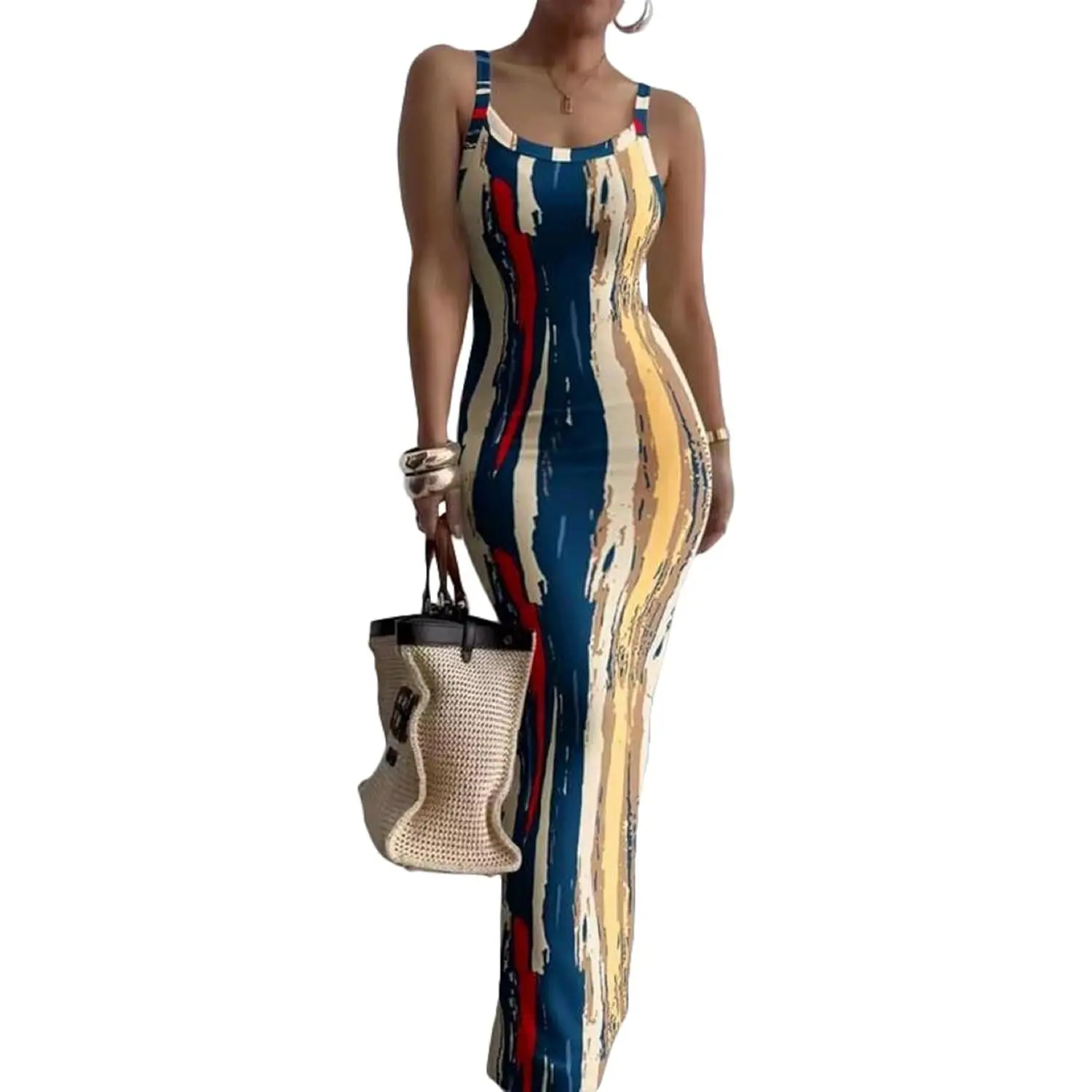 Women's 2024 Maternity Maxi Slip Dress - Round Neck, Sleeveless, Slim Bodycon, Breathable, Sun-Ready Casual Summer Wear, Maternity Dresses