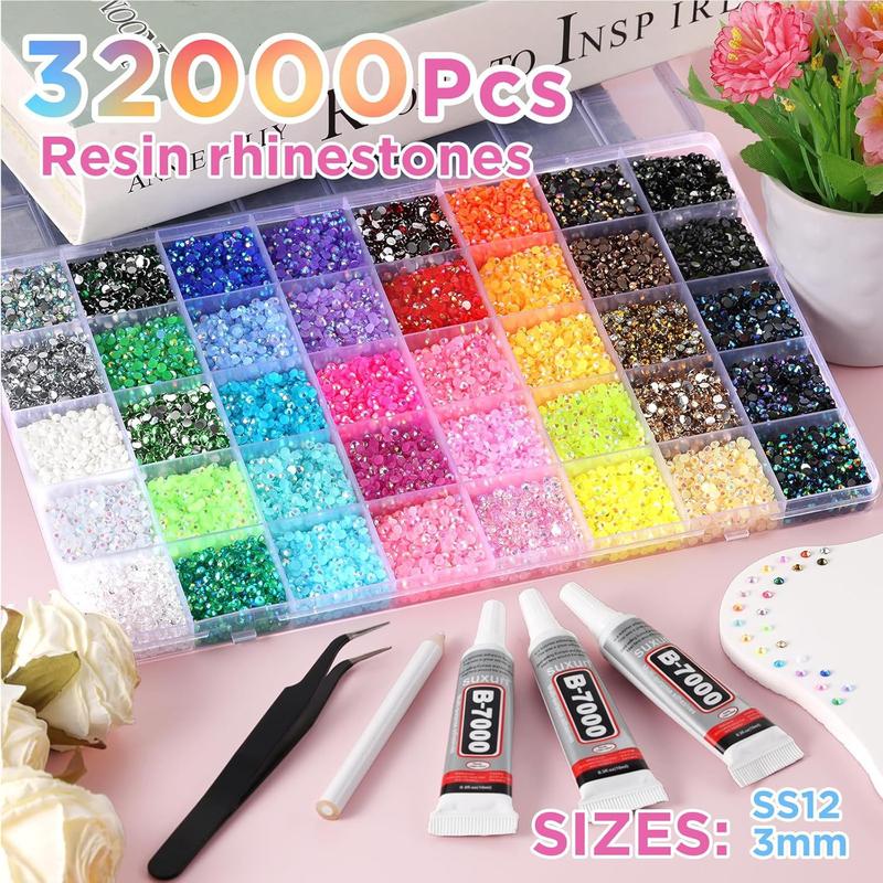 32000Pcs 40 Colors Jelly Rhinestones 3mm Multicolor Resin Flatback Gems for Diamond Art Bedazzler Kit with 3Pcs 10ml B7000 Jewelry Glue for Crafting Book Shoes Nail Art Glitter Bedazzling valentine's gift for bf valentine gifts valentine's classroom gifts