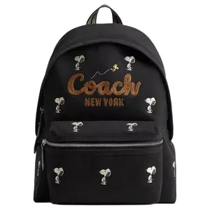 Coach x Peanuts Snoopy Cargo 33 Backpack for Women – Canvas and Satin, Logo-Printed, Black Mixed Color
