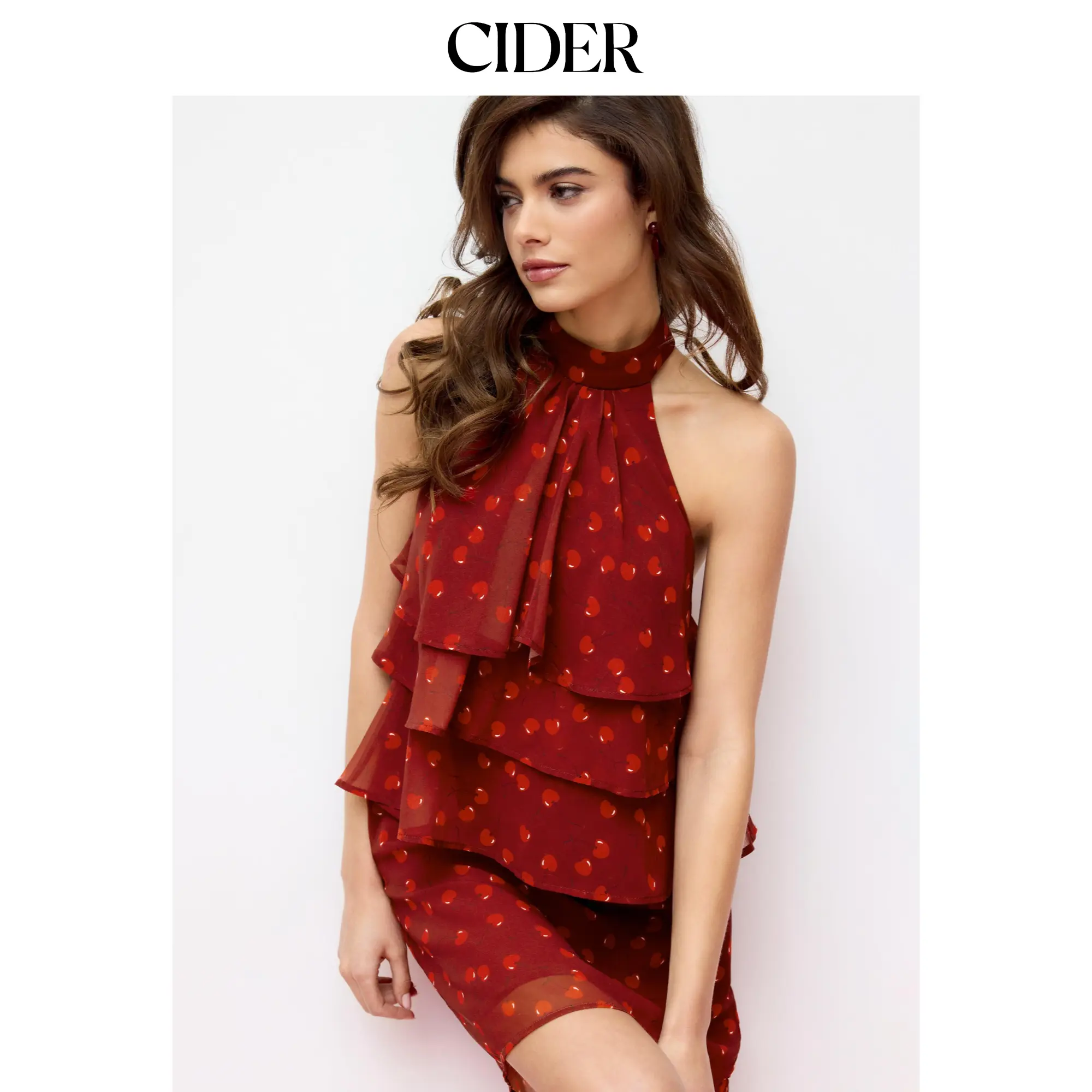 Cider Chiffon Cherry Graphic Halter Neckline Ruffled Tie Back Blouse SummerWins SummerFinds