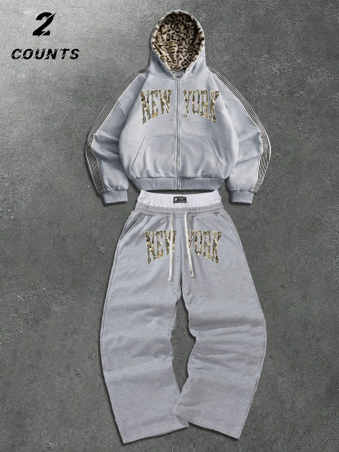 Y2K Men's Streetwear Tracksuit Set Full Zip Hoodie and Baggy Sweatpants | Leopard Print Hood Lining & Camo New York Graphic 2 Piece Outfit for Urban Casual & Hip-Hop Styles Casual Sportswear Set