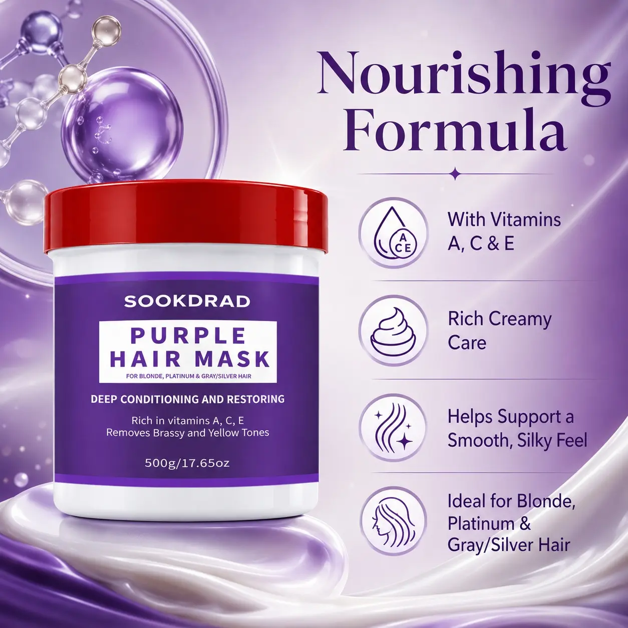 Purple Hair Mask, For Blonde Platinum Gray Silver Hair, Removes Brassy Tones, Removes Yellow Tones, Enriched with Vitamin A, Vitamin C, Vitamin E, Deep Conditioning, Restoring, 500g/17.65oz
