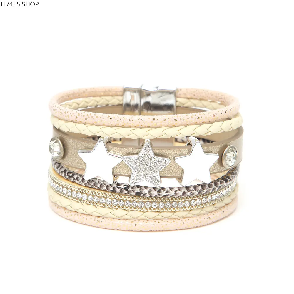 Women's Multi-Layer Leather Bracelet - Goth Alt Accessories with Metal Pentagram Rivets, Magnetic Buckle, Minimalist Casual Wear Fashion Jewelry
