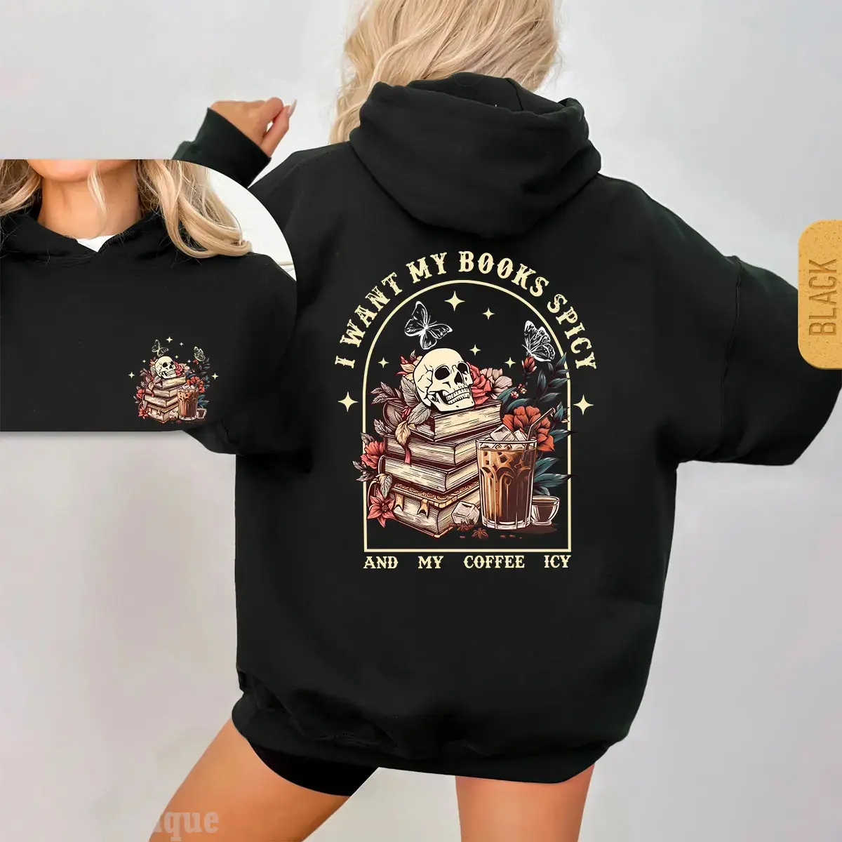 Skeleton Bookish Library Sweatshirt, 2 Side Halloween I Like My Books Spicy And My Coffee Icy Hoodie, Fall Tee, Spicy Book Lover Design Tee, Halloween Casual Sweatshirt Hooded Outfiter Gift For Best Friend HusBand Wife