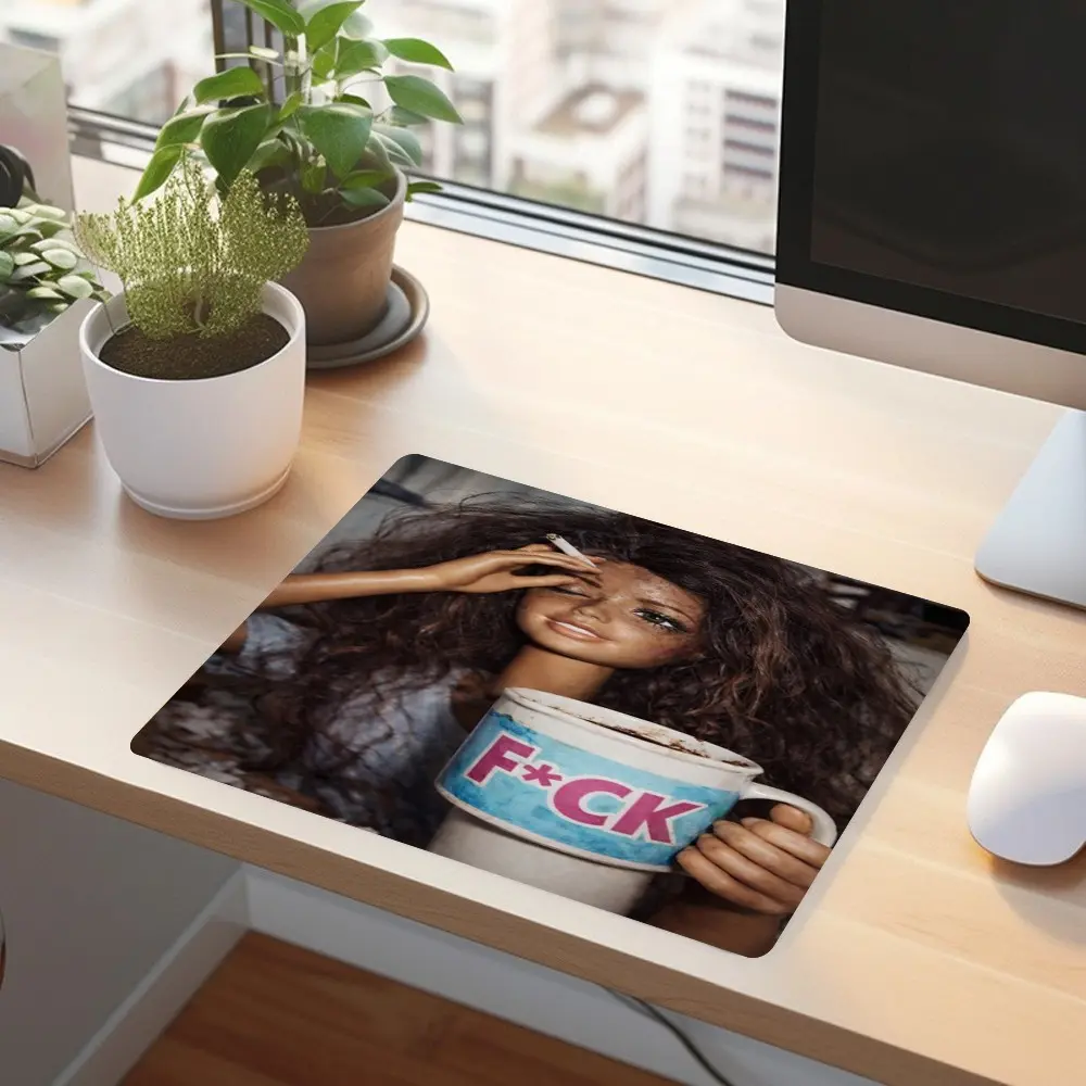 Totally Wrecked Messy Curl Doll Small Square Rubber Mouse Pad, Funny Meme Print, Stitched Lock Edge Non-Slip Scratch Resistant Desk Mat, Smooth Fabric For Trend Fans, Gamers, Students Office Workers, Frustrated Daily Desktop Decor Gift