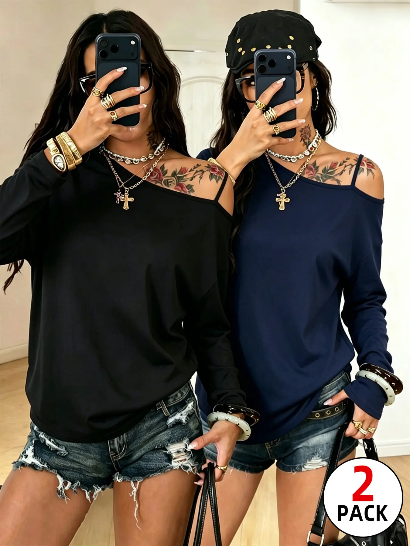 2 Pack Off Shoulder Oversized, Baggy T-Shirts for Women, Y2K Aesthetic Asymmetrical Strap Casual Tees, Long Sleeve Slouchy Streetwear Tops, Summer, Casual Comfy Clothes, Daily Wear, Club, Party, Gothic Tops for Teen Girls