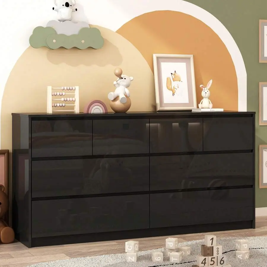 Black Malm Handle-Free Sturdy Gloss Wood Chest of Drawers, 63" 8-Drawer Modern Bedroom Cabinet (55.1"d x 15.7"w x 31.5") with 1 Assembly Kit for Living Room