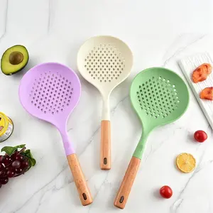 Food Grade Wooden Handle Silicone Ladle, Large High-Temperature Resistant Strainer Spoon, Ideal for Noodles, Dumplings, Fried Foods