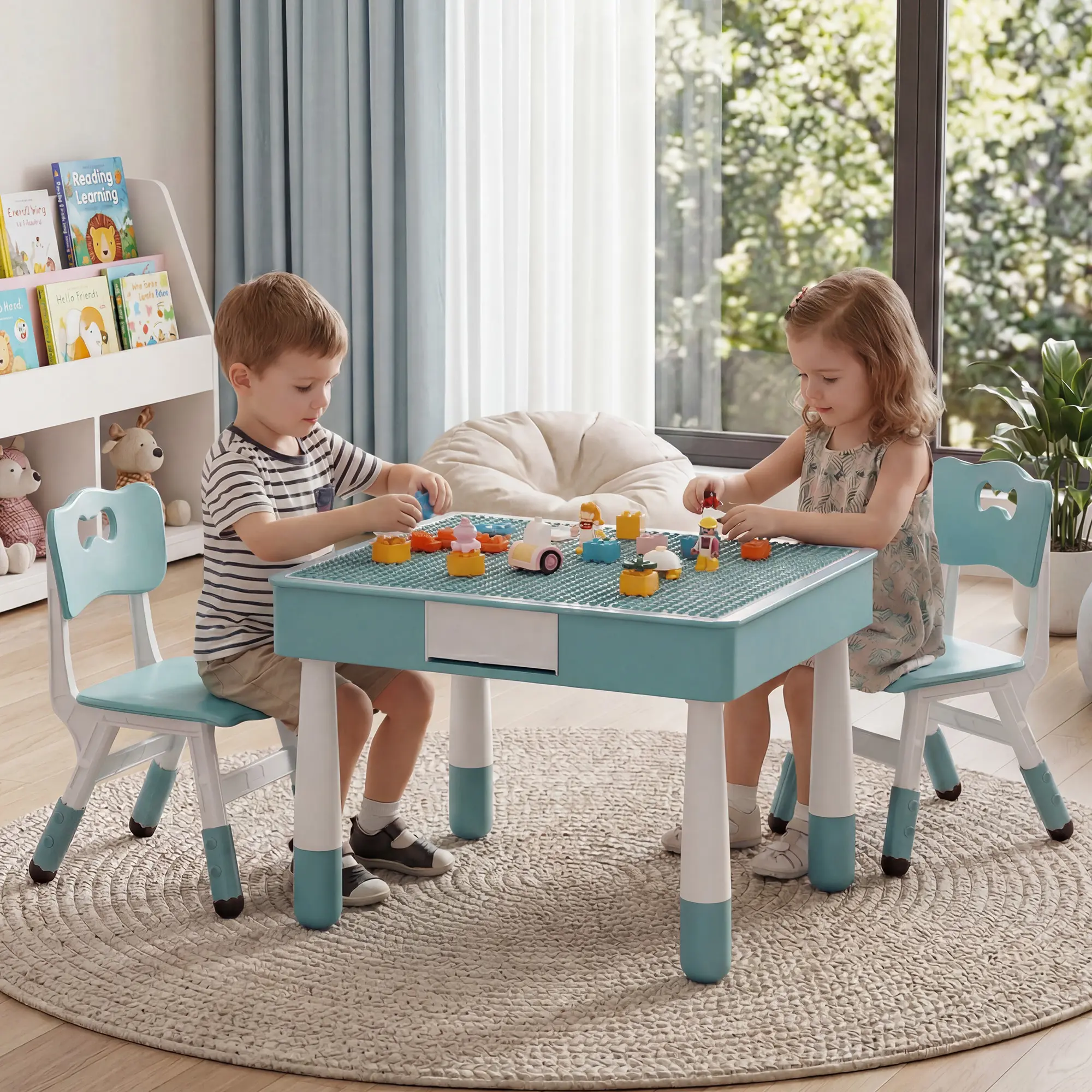 4-in-1 Kids Activity Table Set with 2 Adjustable Toddler Chairs | Double-Sided Reversible Building Block & Graffiti Drawing Tabletop, for Reading, Drawing, Dining & Block Play