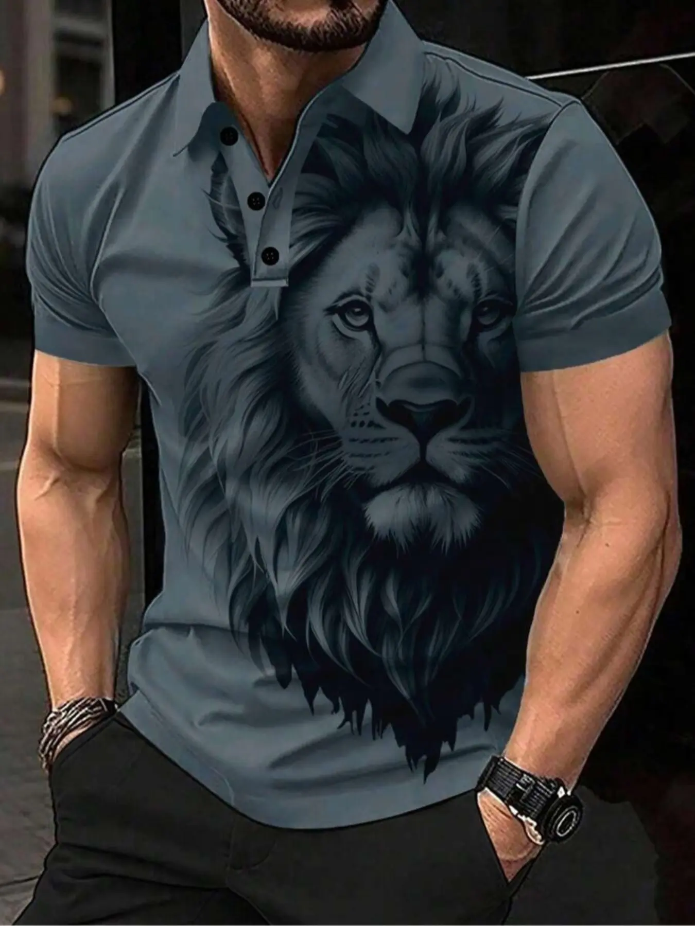 Men's Lion Print Short Sleeve Casual Shirt, Summer Beach Outdoor Travel Polo, Fitted All over Print, Long Clothing, All Seasons