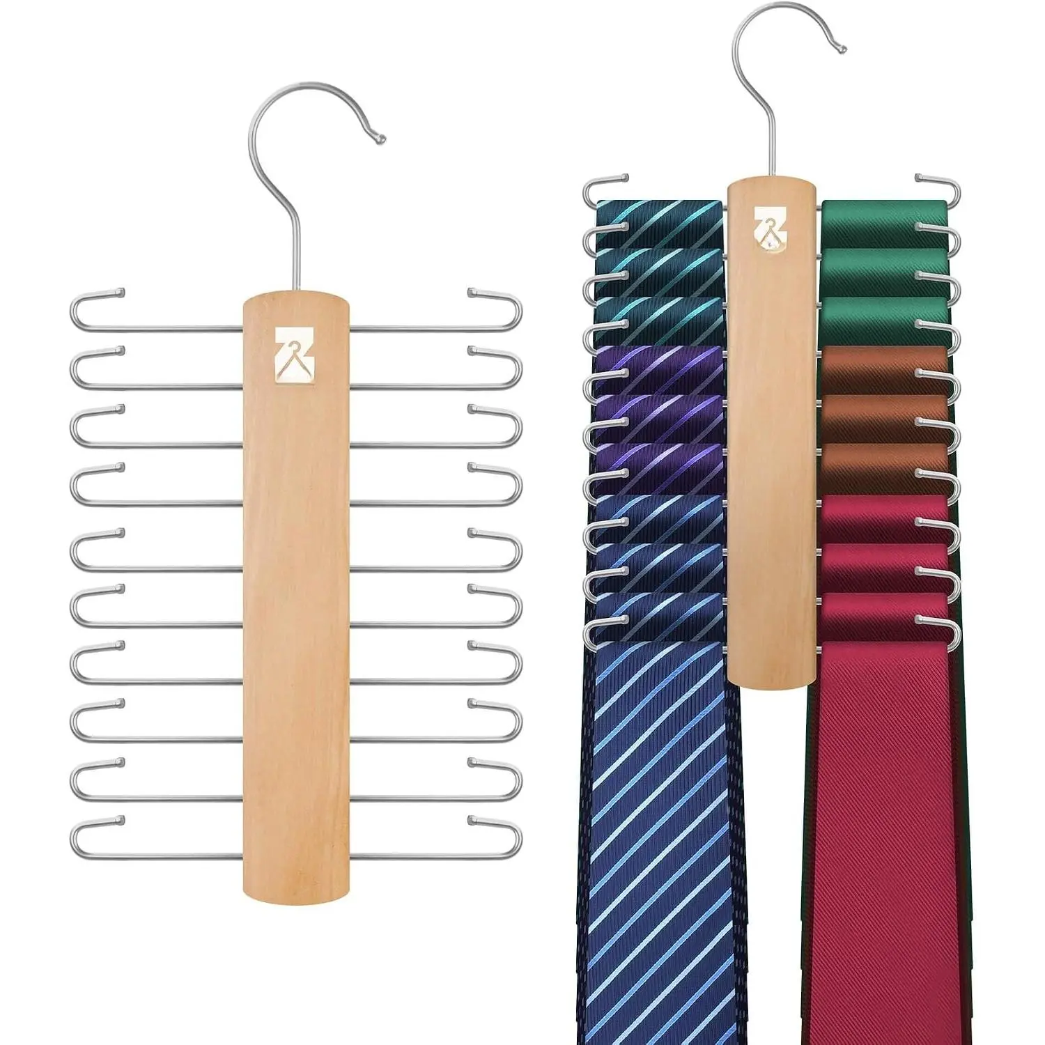 Tie Hanger for Closet, Wooden Tie Organizer, Holds 20 Ties | Tie Rack with 20 Adjustable Hooks, 360° Rotating, Space-Saving Necktie Storage Holder for Ties and Belts,