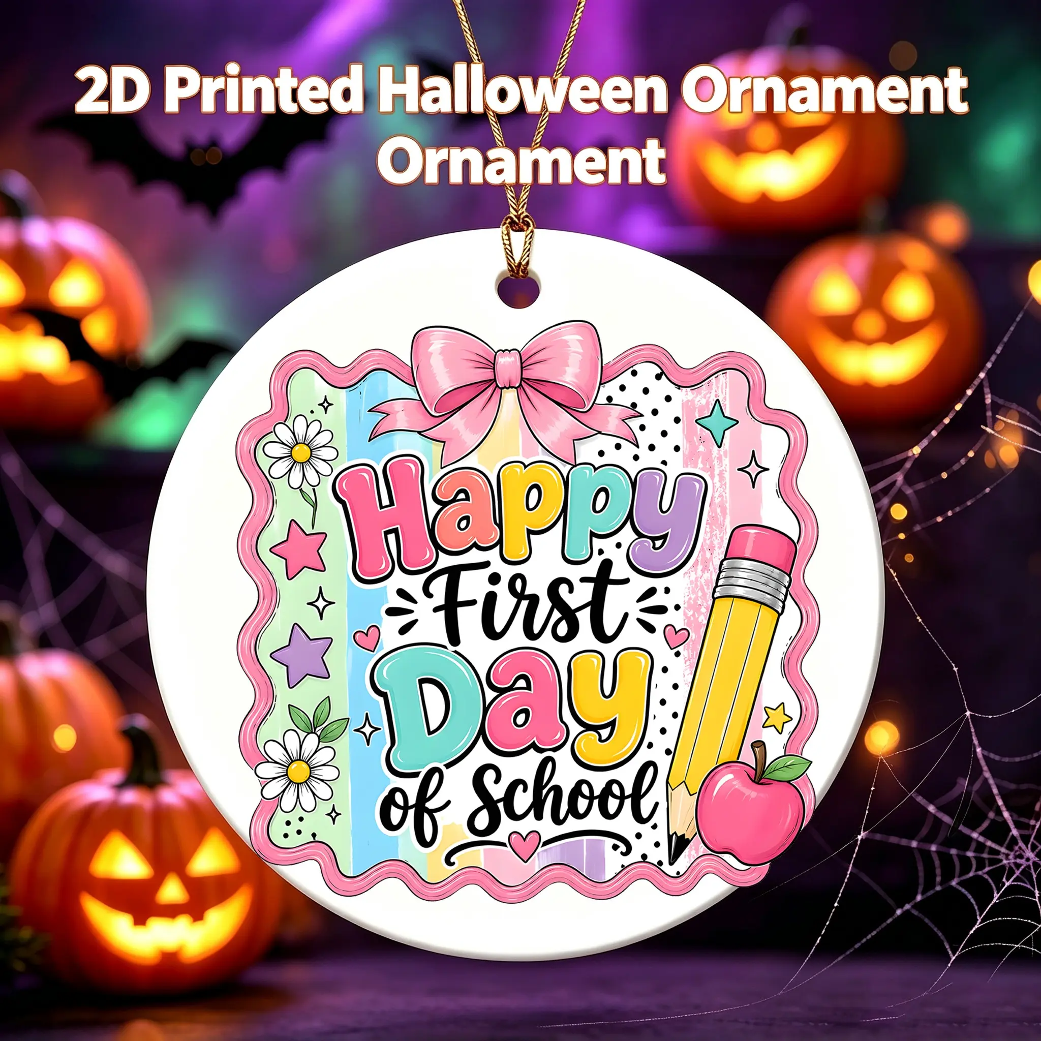 Cute Cartoon Style Ceramic Ornament Happy First Day Of School Design With Pencil And Apple Ceramic Pendant For Students Teachers Classroom Decoration 3 Inch