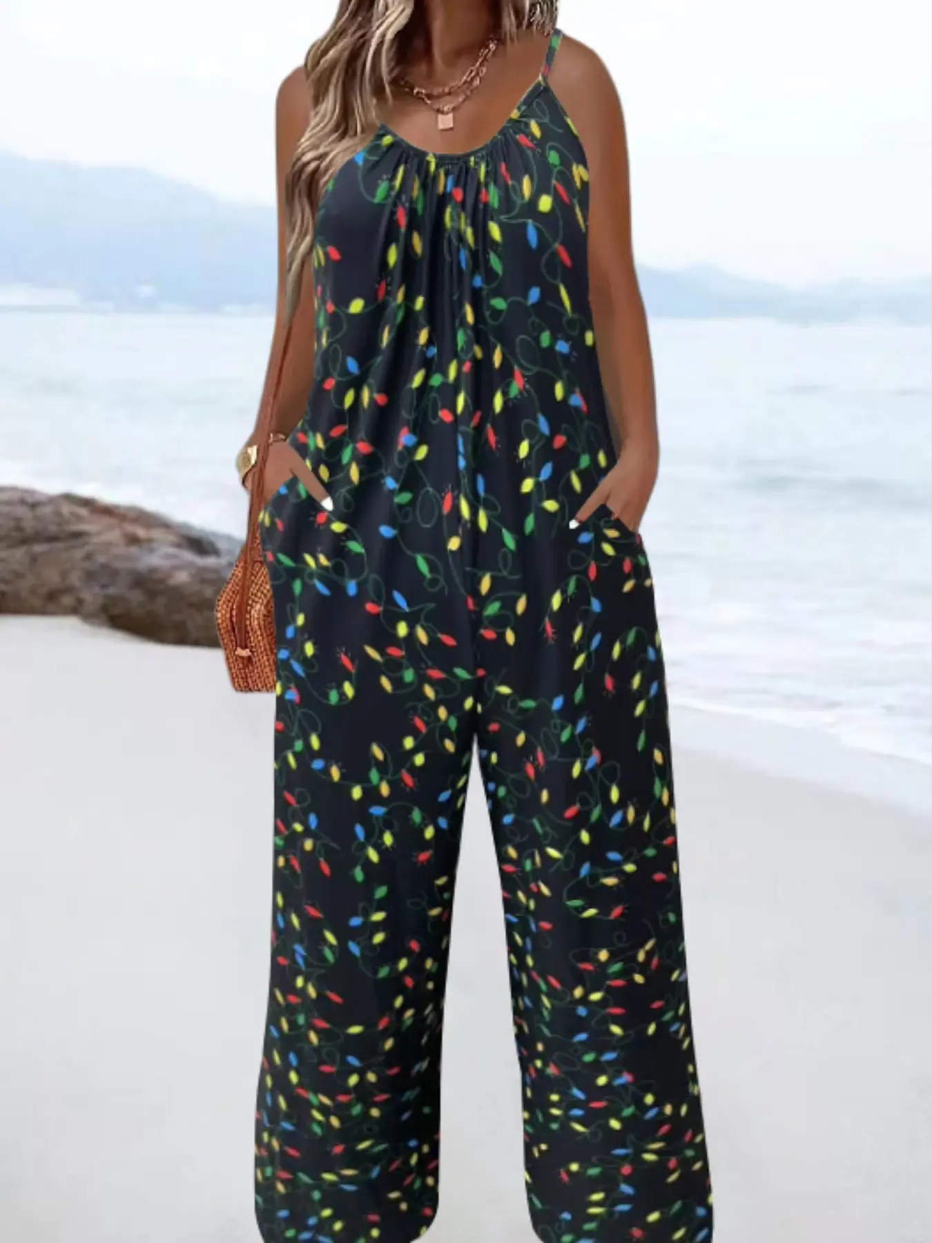Plus Size Boho Style String Light Print Sleeveless Romper, Women's Loose Wide Leg Romper with Pockets, Casual Vacation Wear, Bohemian, Oversize