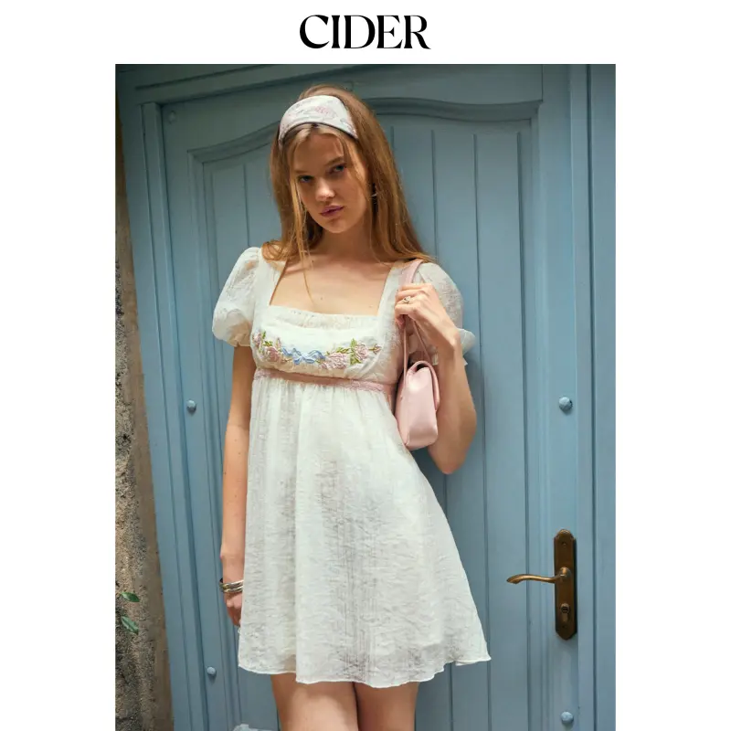 Cider Textured Floral Embroidery Square Neck Puff Sleeve Milkmaid Mini Dress SummerFinds
