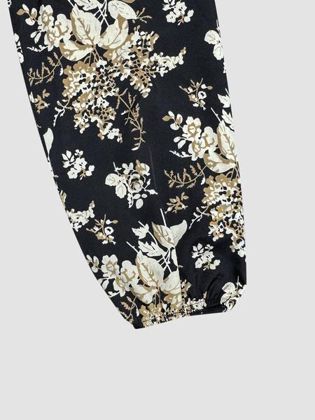 Elegant Deep V Neck Floral Print Ruched Waist Long Sleeve Dress, Bohemian Flowy Ruffled Hem for Stylish Occasions, Women's Fashion Dress for Parties