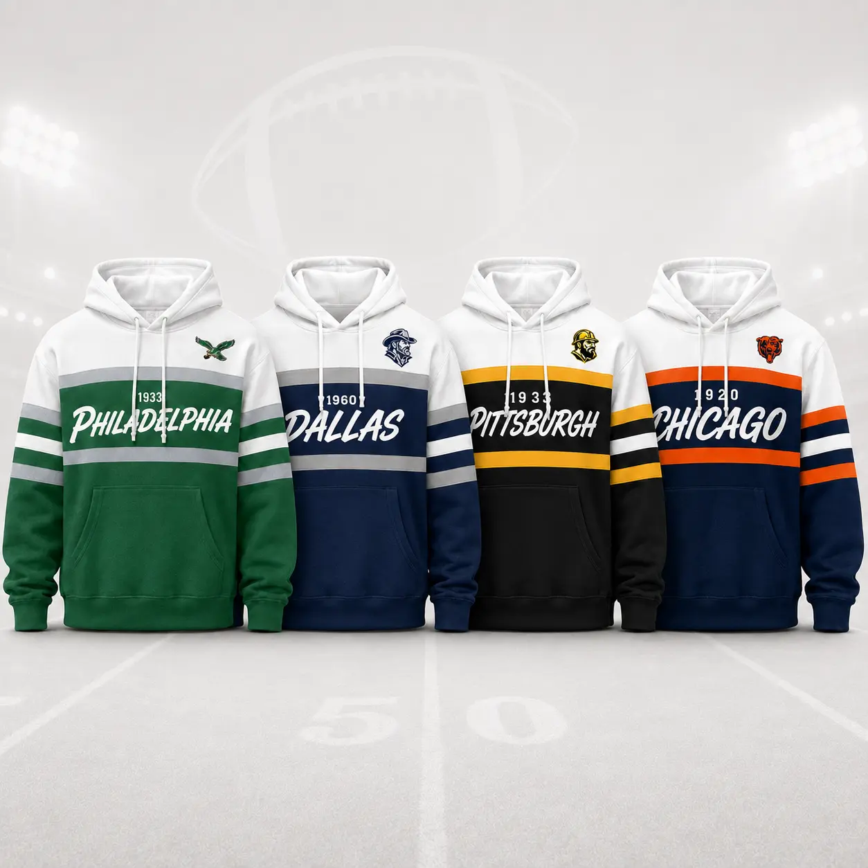 Unisex Vintage Football Striped Color‑Block Hoodie, All Team Retro Casual Game Day Fan Top for Men Daily Sports Wear, Gift for Football Fans