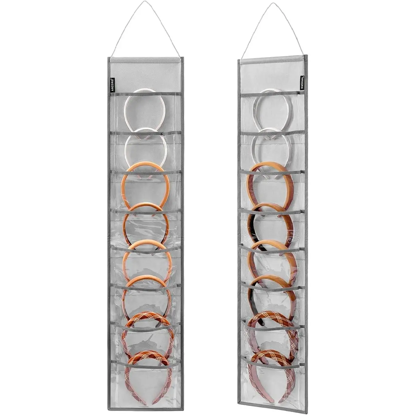 Wall Hanging Headband Organizer Hair Accessory Storage Holder with Clear Pockets for Hair Hoops Ribbon Hairbands (Grey, 8 Pockets, 2 Pack)