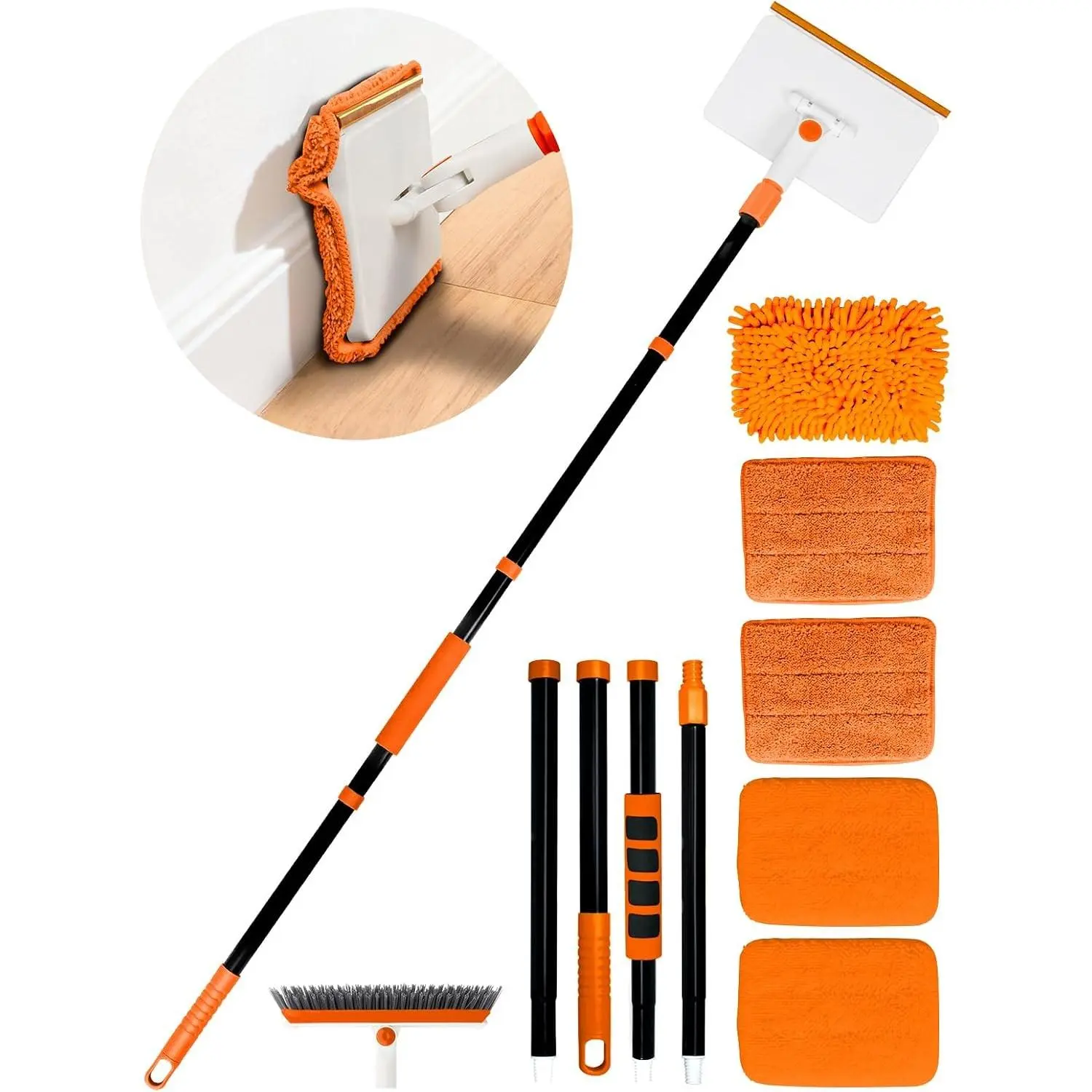 4-in-1 Baseboard Cleaning Tool with Extendable Handle 5 Reusable Pads 1 Carpet Rake Stiff Bristle Brush Multi-Surface Baseboard Brush for Cleaning Baseboard Wall Carpet Floor Bathroom Kitchen Pet Hair