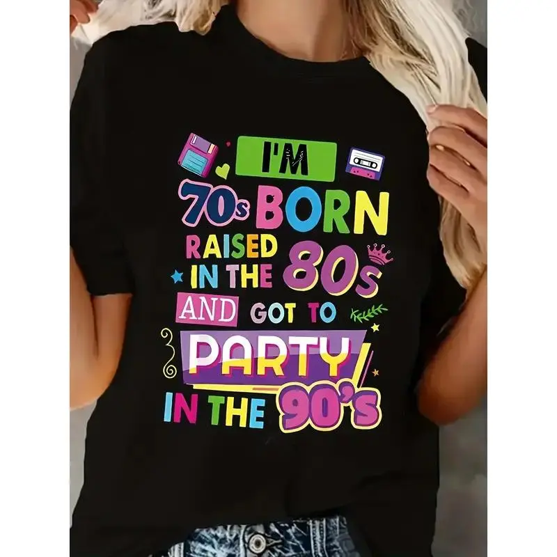Women's Vintage Nostalgic Pattern T-Shirt - "I was born in the era, grew up in the era, matured in the era" colorful letter print, soft stretch fabric, round neck short-sleeve casual top, vintage styl