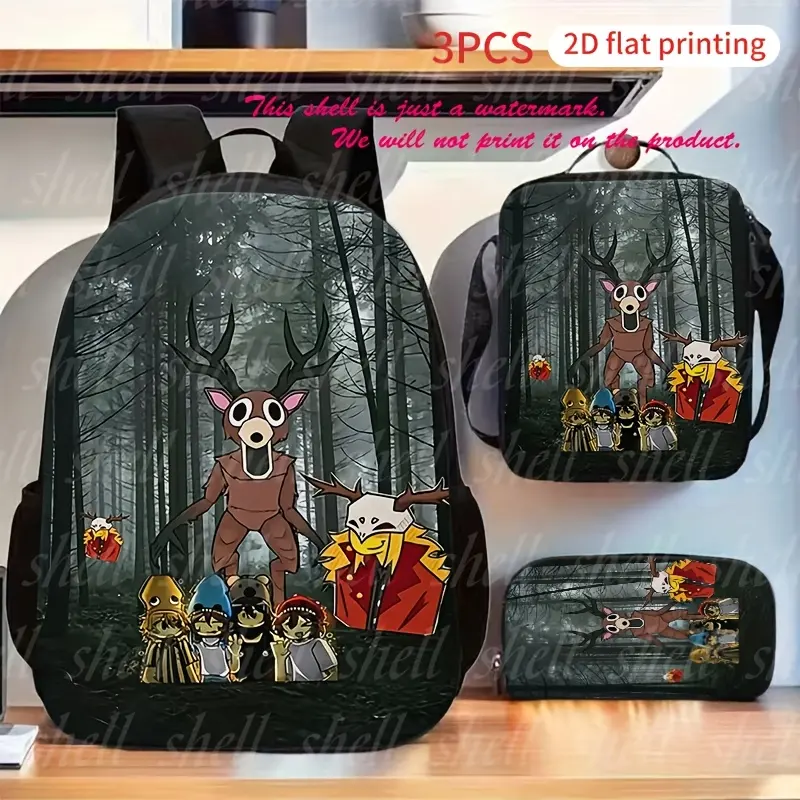 3 In 1 Dark Misty Gray Forest Scary Big Antler Deer Monster Cartoon Backpack Set, Creepy Woods Horror Creature Group Multi Spooky Figure Graphic Print Large Capacity School Bookbag with Insulated Thermal Lunch Tote Bag and Zipper Pencil Case, Lightweight